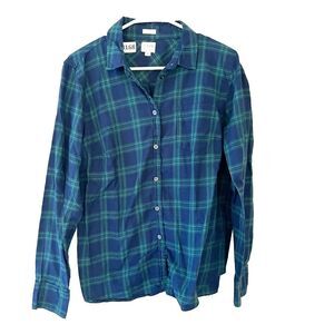 J Crew Boy Fit Womens Green Black Button Up Shirt Large Plaid Pleated Top